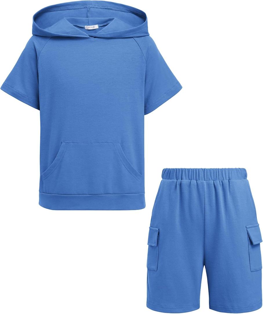 Arshiner Boys 2 Piece Summer Outfits Letter Graphic Colorblock Short Sleeve Hoodie and Short Sets with Pockets  (10-11 Years, Blue)
