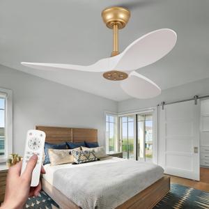36 Inch Solid Wood Ceiling Fan with Remote,White and Gold Ceiling Fan no Light, 6 Speeds, Reversible DC Motor, Modern Ceiling Fans without Lights for Outdoor Indoor Office Farmhouse Patios