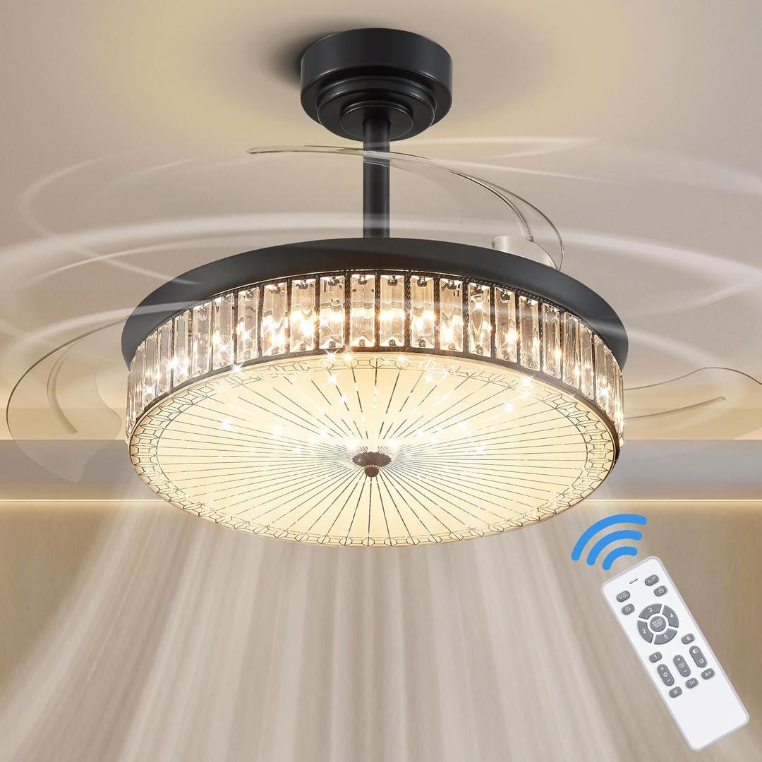 42 Inch Retractable Ceiling Fan with Light, Modern Ceiling Fan, Dimmable 6 Speeds Reversible Silent DC Motor, 3 Light Color Change, Retractable Blade Ceiling Fan, Black