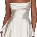 Women's Sexy Satin Mini Dress Sleeveless Tie Backless Cowl Neck Cocktail Party Silk Mini Cami Dress (Champagne), Small