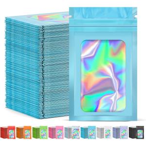 300 Pcs Mylar Bags, Smell Proof Bags Foil Pouch, Holographic Resealable Bags for Small Business, Candy Sample Jewelry Bag Sealable Packaging for Party Favor Food Storage (5.5x7.9in-Blue)