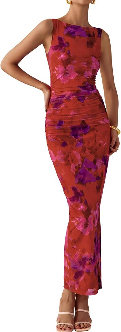 MASCOMODA Womens Bodycon Summer Dresses 2026 Sleeveless Floral Mesh Maxi Dress Side Slit Ruched Long Party Cocktail Dresses(Orange Red, Large)