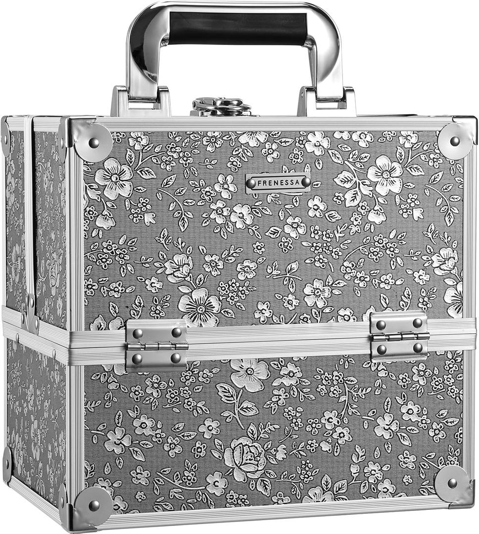 Frenessa Makeup Case Makeup Box Cosmetic Organizer Case Portable Make Up Travel Case Storage Box 4 Trays with Dividers Lockable Hard Train Case Nail Tech Supply Storage, Silver Floral