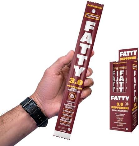 FATTY Smoked Pork Meat Sticks Raised Without Antibiotics, Pepperoni Flavor, 21g Protein Per Stick, 3 oz. (Pack of 20) BB Date : 03/03/2026