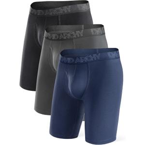DAVID ARCHY Mens Underwear Boxer Briefs Breathable Soft Moisture-Wicking with Fly Underwear Long Leg 8" for Men 3 Pack (L, Black/ Dark Gray/ Navy Blue - 8" in 3 Pack)