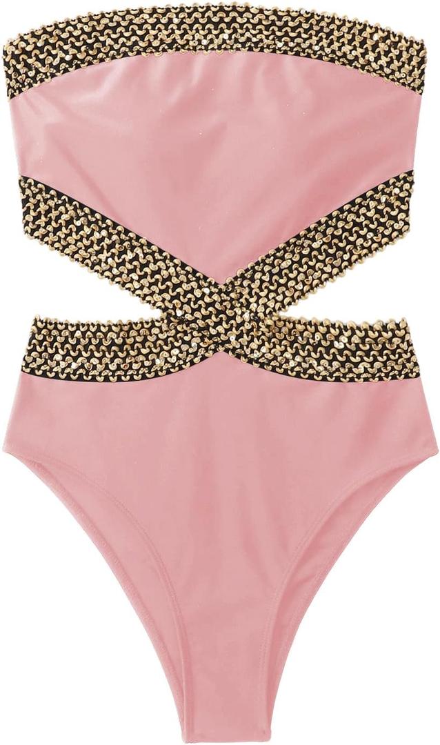 Milumia Women's Stitch Detail Strapless One Piece Swimsuit Cut Out Bandeau Bathing Suit (Large, Pink)