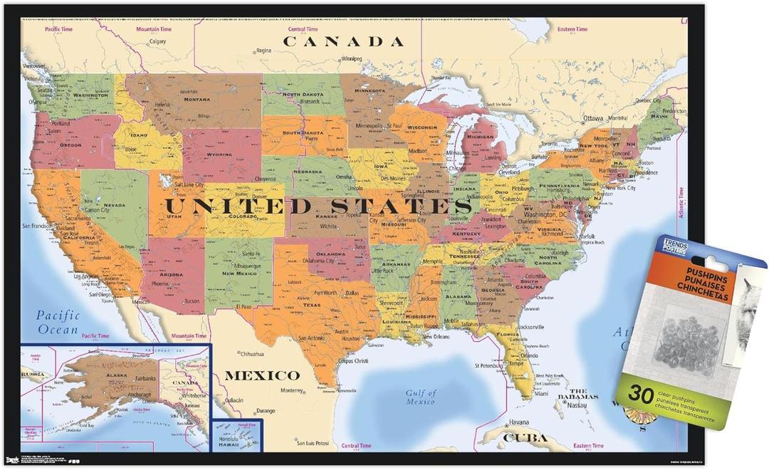 Map - USA Time Zones Wall Poster with Push Pins (14.725" x 22.375")