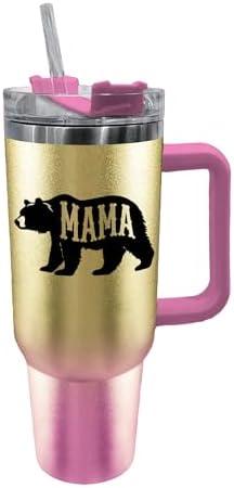 Spoontiques Stainless Steel Travel Mug, 40oz - Double Wall Insulation, Sturdy Handle, Sliding Lock Travel Lid - Mama Bear Pack Of 2