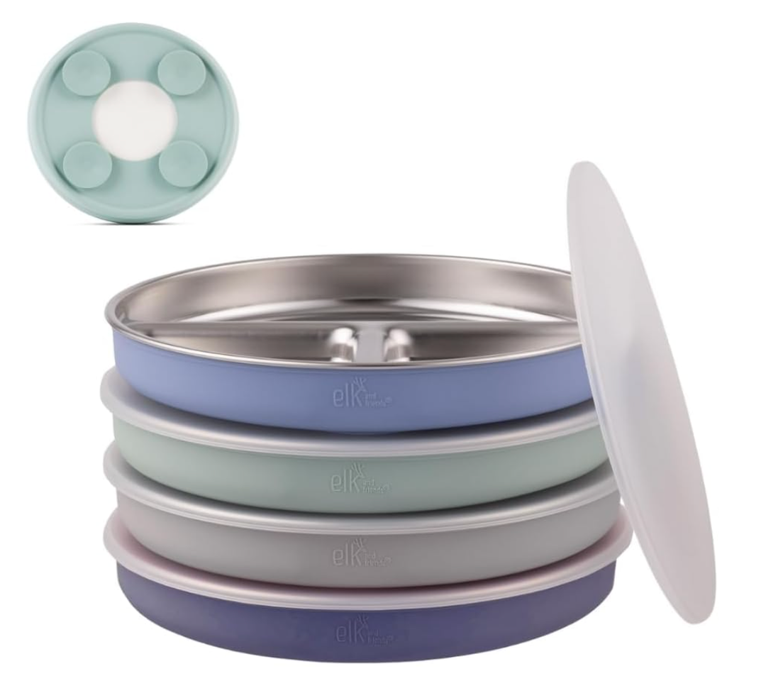Elk and Friends 7.8” Stainless Steel Non Divided Plates with Silicone Sleeve + Storage Lid | Baby, Toddler, Kids | Dishwasher Safe | Dinner & Snack Plates | 4 Pack