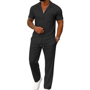 UOUA Mens Summer 2 Piece Set Casual Outfits Button Short Sleeve Shirt & Loose Pants Textured Striped Tracksuit Walking Suits (Classicblack, Large)