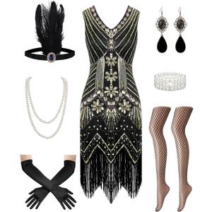 1920s Great Gatsby Dresses for Women, Roaring 20s Flapper Dresses for Women Sequin Fringe Set Costumes Accessories (Medium, Black Gold)