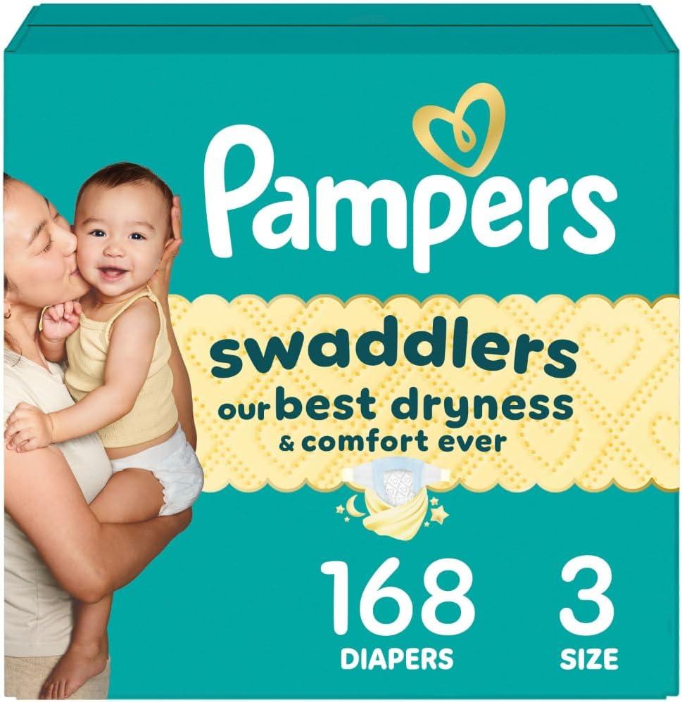 Pampers Swaddlers Diapers, Size 3 (13-26 lbs), 168 Count, Absorbent, Keeps Baby Dry and Comfortable, Skin Safe Disposable Baby Diaper