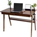 Mid-Century Modern 100% Solid Wood Writing Desk, 47" Rubberwood Home Office Computer Table & Workstation Desk with 2 Drawers, Lower Shelf & Side Hooks, 350 lbs Load, Laptop Desk