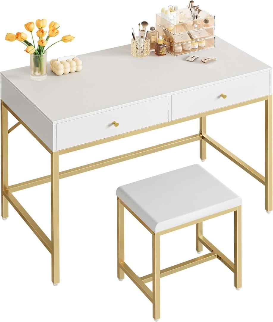 SUPERJARE 35.4" White and Gold Desk with 2 Drawers, Modern Makeup Vanity with Padded Stool, Small Computer Desk Home Office Desk for Writing Study Bedroom