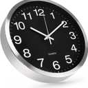 Wall Clock 12 Inch Metal Finish Silent Non Ticking Indoor Clock Round Battery Operated Stainless Steel Wall Clocks for Home, Office, Living Room (Black-Silver Brushed Finish, 12 Inch)