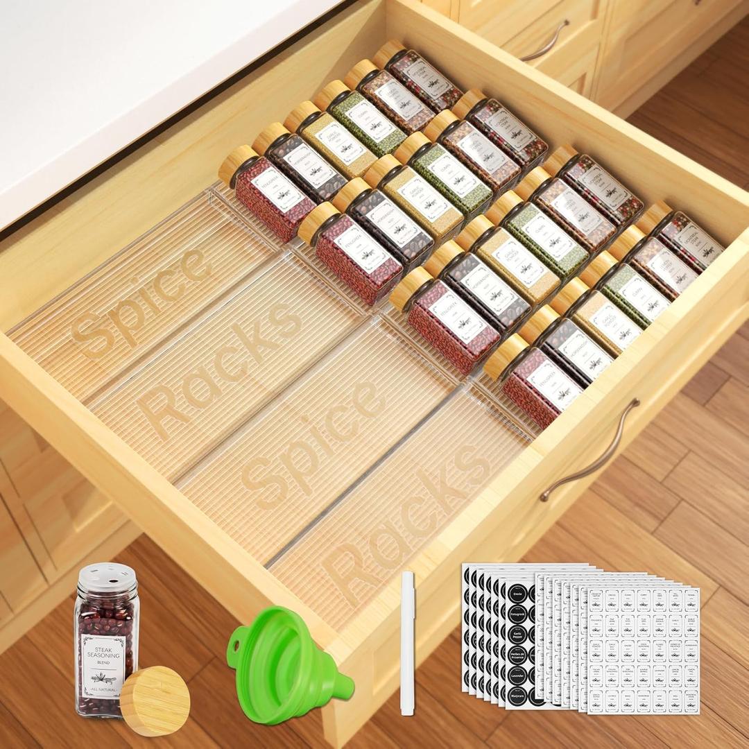 24 Spice Jars with Spice Drawer Organizer, 355 Spice Labels, 2 Pack Expandable From 11'' to 21'' Acrylic Spice Rack for Drawer, Seasoning Containers Storage Organization for Kitchen Cabinet Countertop