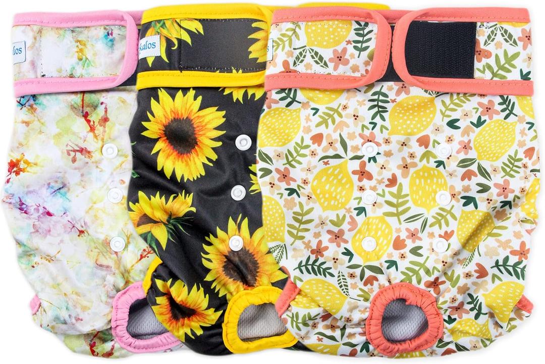 Leekalos Reusable Washable Dog Diapers Female (3 Pack) - Highly Absorbent Doggie Diapers - Size Adjustable Puppy Diapers for Dog Period Panties (Large, Sunflower) (Large (15"-17" Waist), Sunflower(Gray Lining))