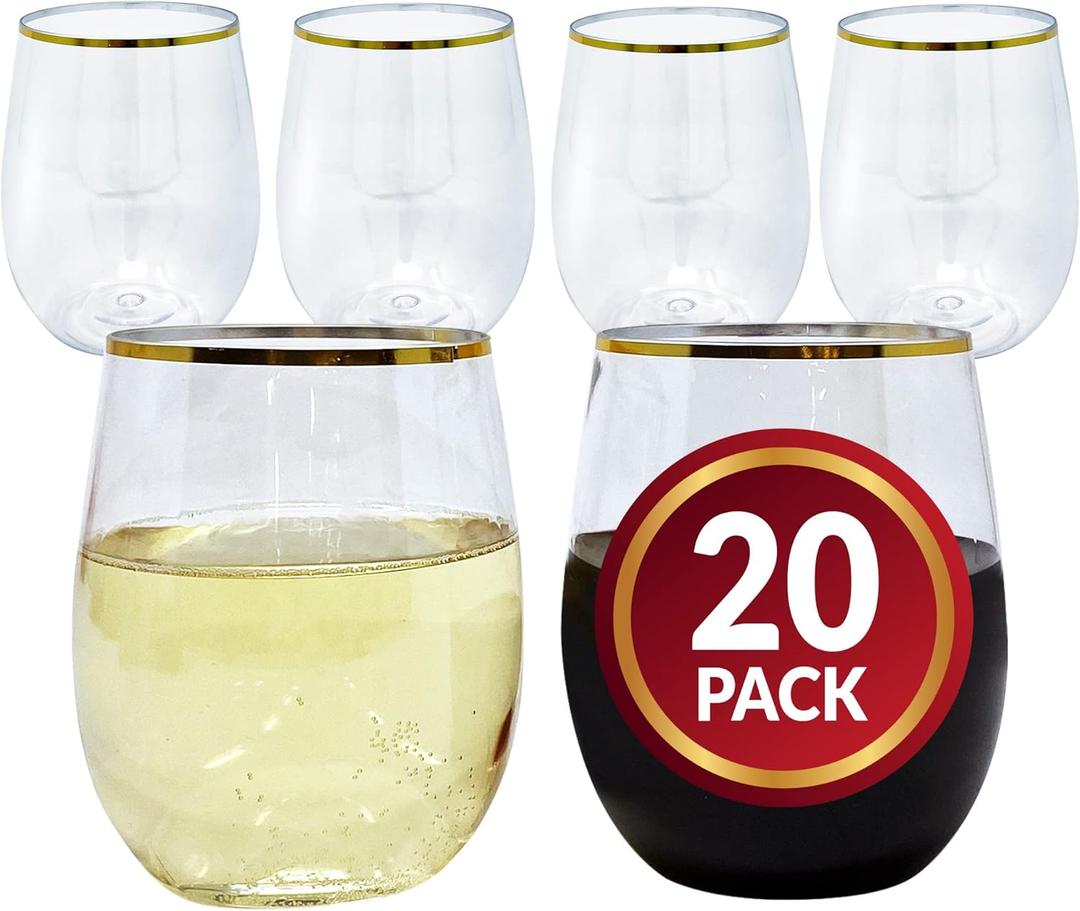 Reli. 12oz. Disposable Glasses Gold-Rim (20 Pack) Stemless Crystal Clear | Reusable & Recyclable BPA-Free Food-Grade Plastic | Shatterproof Party Cups for Juices, Cocktails, Whiskey Any Occasion