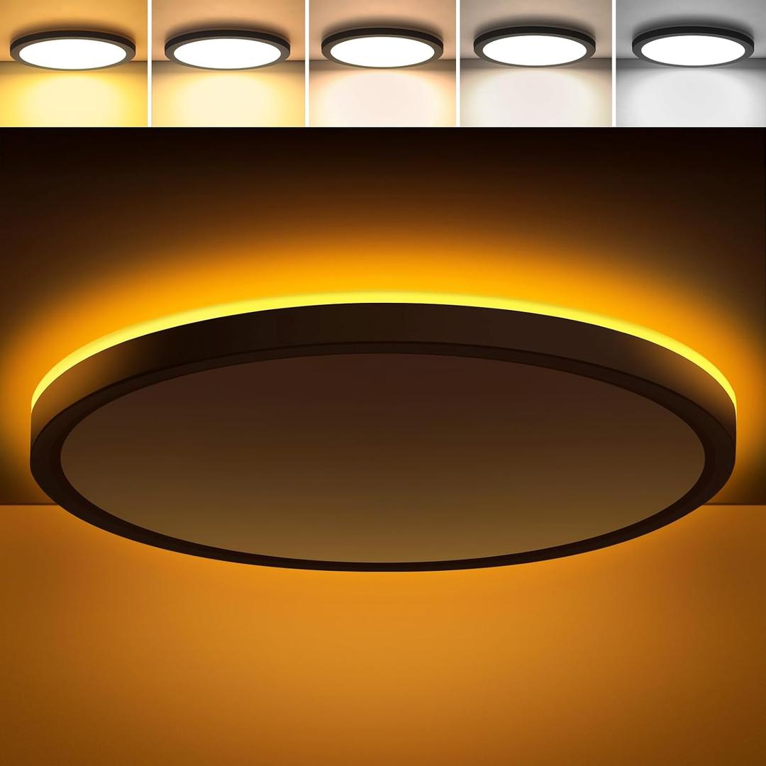 Brightever 12 Inch LED Flush Mount Ceiling Light Fixture with Night Light, 24W 2400LM Modern Ceiling Light, 2700K/3000K/4000K/5000K/6500K Selectable & Dimmable Ceiling Lamp for Bedroom, Black, 1 Pack
