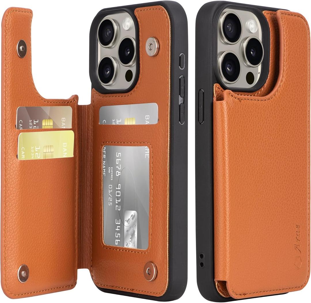 Arae Compatible for iPhone 15 Pro Max Case with Card Holder - Wallet Case with PU Leather Card Pockets Back Flip Cover for iPhone 15 Pro Max 6.7 inch - Litchi Brown