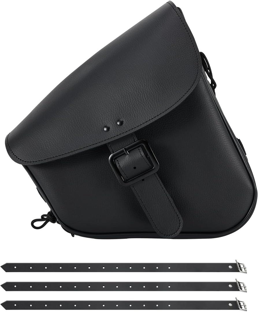 Motorcycle Saddle Bags Synthetic Leather Motorcycle Solo Swing Arm Bag For Softails Sportsters Choppers Waterproof Side Bags (Right Side, Black-Single Buckle, 11.5" x 10.25" x 3.9")