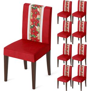 Horaldaily 8PCS Christmas Dining Chair Covers,Watercolor Red Poinsettia Stretch Removable Washable Slipcover Chair Protector for Dining Room Home Decor