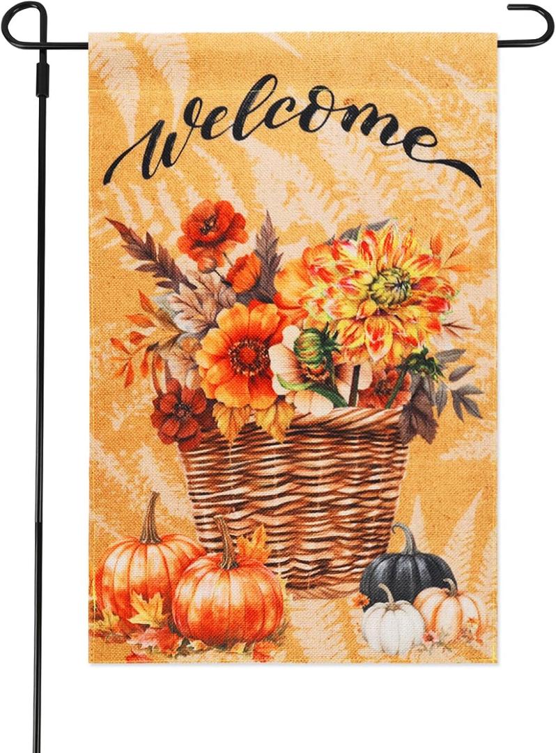 MATCING Fall Garden Flag 12x18 Inch Double Sided for Outdoors Small Burlap Autumn Flowers Pumpkins Welcome Yard Outdoor Flag for Holiday Farmhouse Lawn Porch Garden Thanksgiving Decorations (Orange)