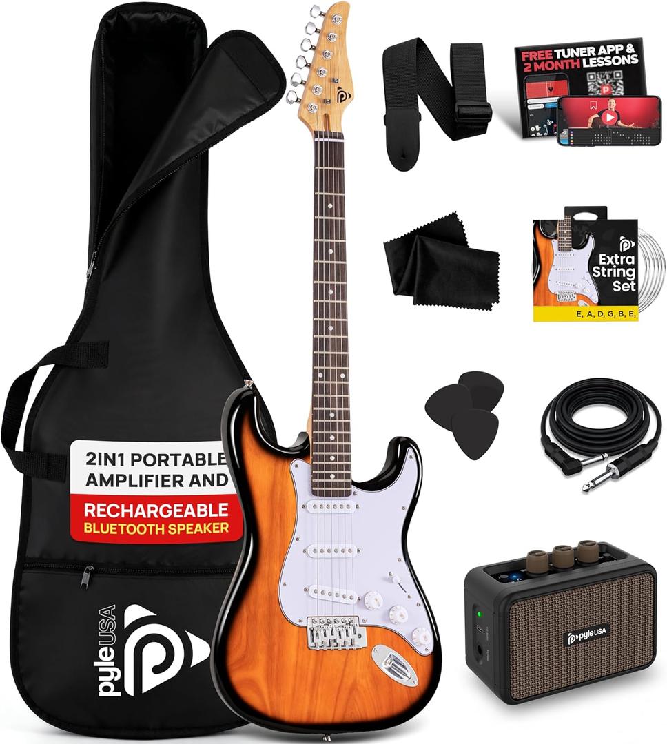Pyle Electric Guitar and Amp Kit - Full Size 39" Complete Starter Kit with Wearable Bluetooth Amplifier, 1/4 Cable, Carry Case, Strap, Strings, Picks, Cleaning Cloth, ST-Style Pickups (Sun Burst)