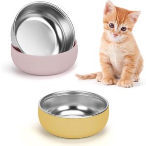 Kitten Food Bowls 2 Pack, Stainless Steel Cat Food and Water Bowl Set with Anti-Slip Silicone Bottom, 5 '' Wide Thick & Heavy Duty Metal Pet Bowls for Indoor Cats (yellow and pink)
