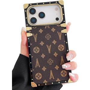 Compatible with iPhone 17 Pro Max Case Luxury Designer for Women Girls,Rectangle Edge PU Leather + Soft TPU Anti Drop Camera Protective Cover for 17 Pro Max - 6.9 inch (Brown)