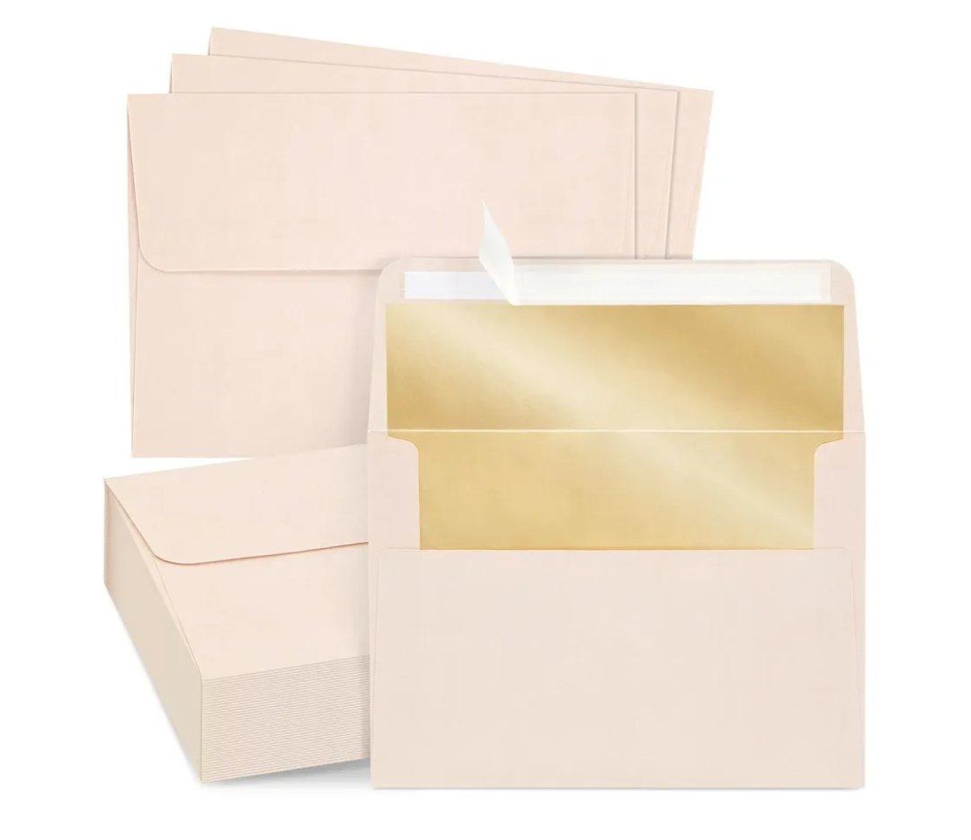 Best Paper Greetings 50 Pack Blush Pink 5x7 Envelopes for Invitations, Wedding - A7 Size with Bronze Lining and Self-Adhesive Peel and Stick Mailing Envelopes