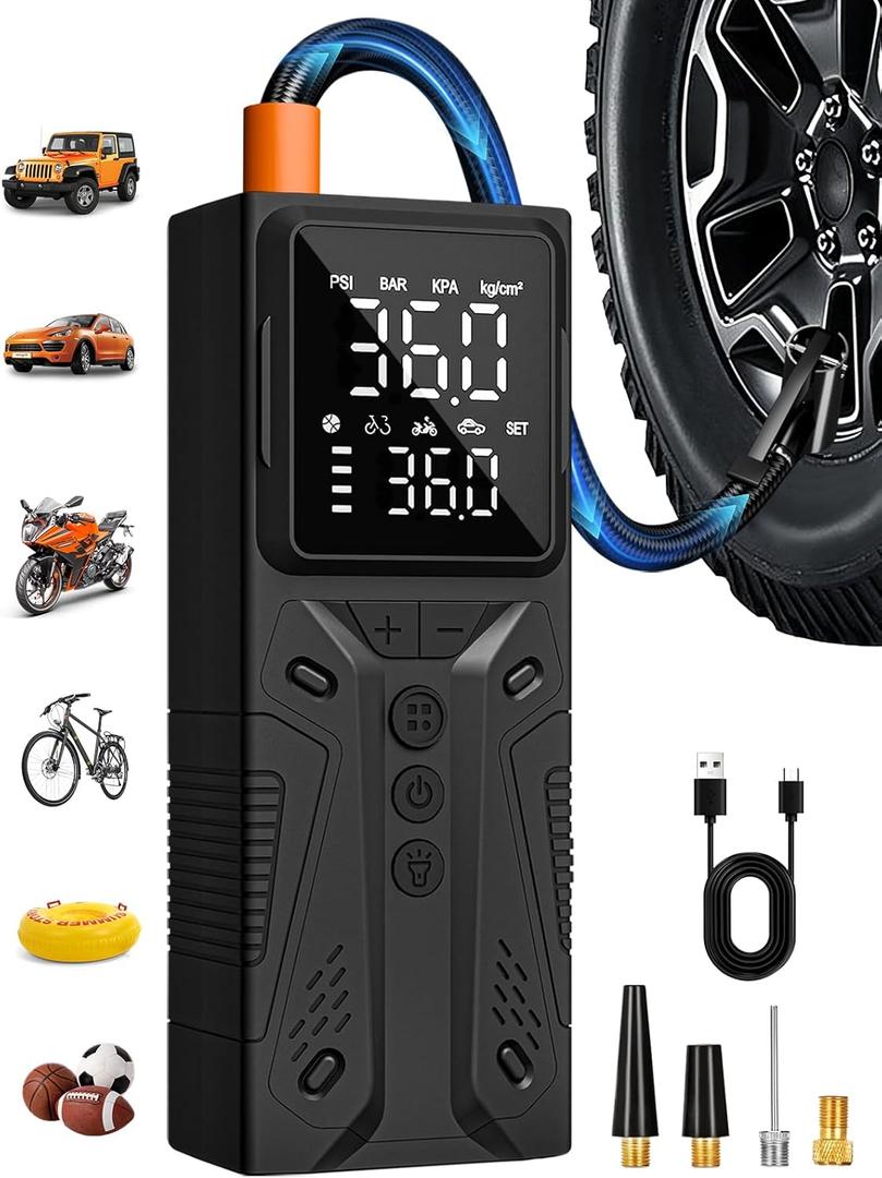 Tire Inflator Portable Air Compressor, High-Speed 150PSI Cordless Air Pump for Car Tires with Powerful Battery, Auto Shut-Off - Portable Tire Pump for Car, Bike, Motorcycle and Balls