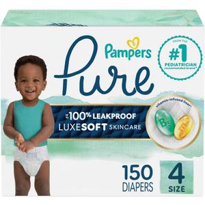 Pampers Pure Baby Diapers, Size 4 (22-37 lbs), 150, Up to 100% Leakproof, Premium Hypoallergenic Soft Diapers