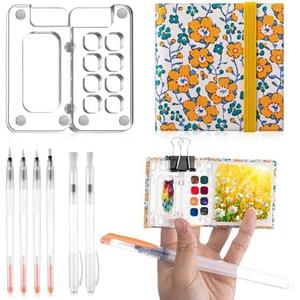 Chiisong 12 Pcs Mini Portable Watercolor Palette Set Including Acrylic 8 Grid Paint Box Watercolor Paper Pad Sketchbook 6 Paint Brushes 4 Binder Clips for Painters Artists Students(Sunflower), Set of 2