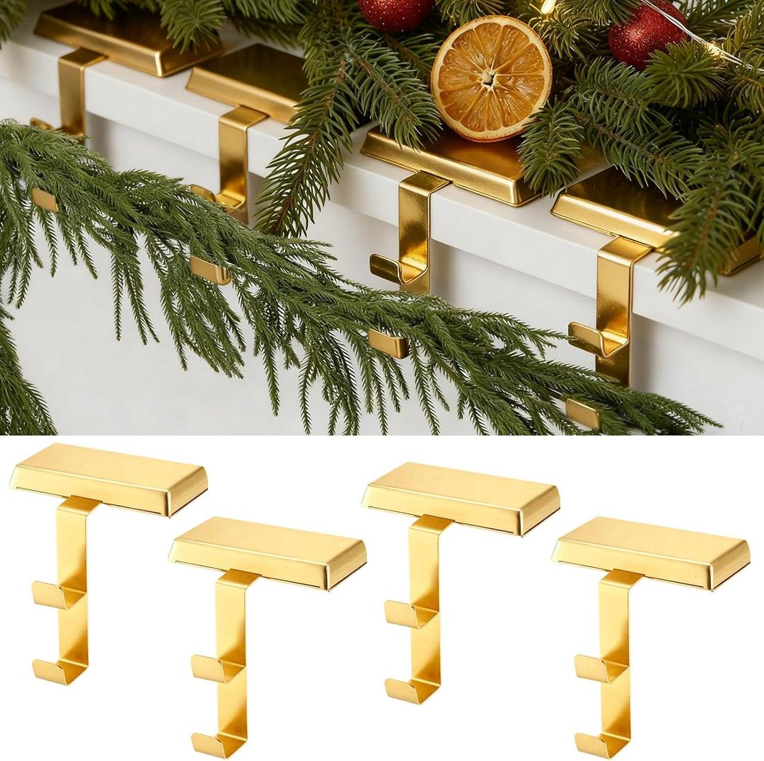 2 in 1 4 Pack Christmas Stocking Holders for Mantle, Heavy Duty Weighted Metal Hanger with Non-Slip Base Xmas Ornament for Garland Hook Fireplace, Shelf, Tabletop, Counter, Window Decor (Gold)