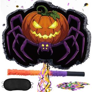WERNNSAI Halloween Spider Piata - Pumpkin Spider Pinata Halloween Theme Party Decorations for Kids Jack O Lantern Wicked Pumpkin Party Games with Bat Blindfold
