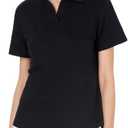 Women's V-Neck Ruffle Design Polo Shirts Short Sleeve Collared Loose Casual Tunic Blouses with Pocket (Black)