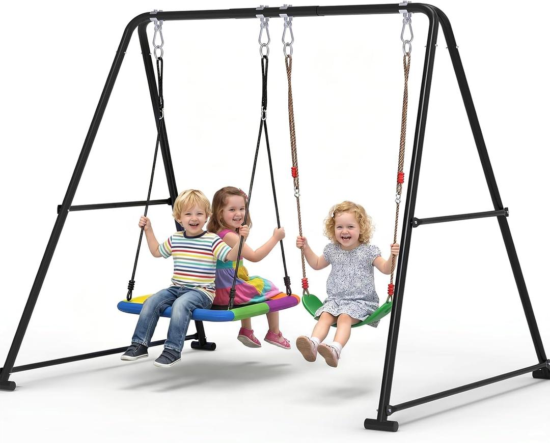 2-in-1 Swing Set for Backyard for Kids, with 1 Platform Swing, 1 Belt Swing, 440lbs Metal Swing Set for Toddler, Heavy-Duty Swing Stand w/8 Ground Stakes, Outdoor Swingset for Kids Adults (Black)