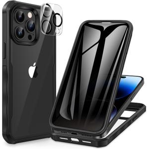 CENHUFO Privacy for iPhone 14 Pro Case, Full Body Phone Case with Built-in 9H Tempered Glass Privacy Screen Protector and Camera Lens Protector, Anti Peep Spy Shockproof Bumper Clear Cover - Black