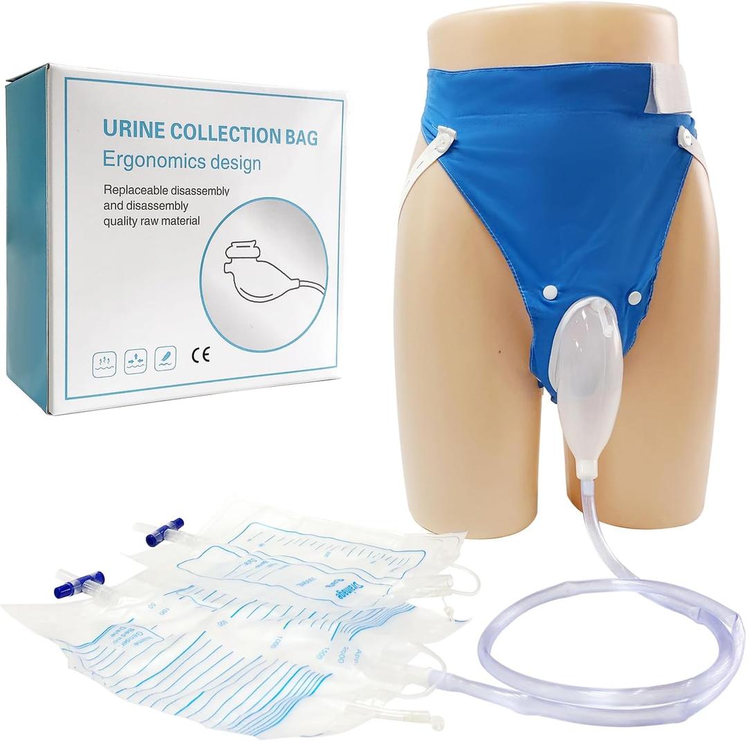 Wearable Urine Collection Bag External Catheter for Women, Reusable Portable Silicone Urinal with 1000ml and 2000ml Urine Catheter Bags,Blue