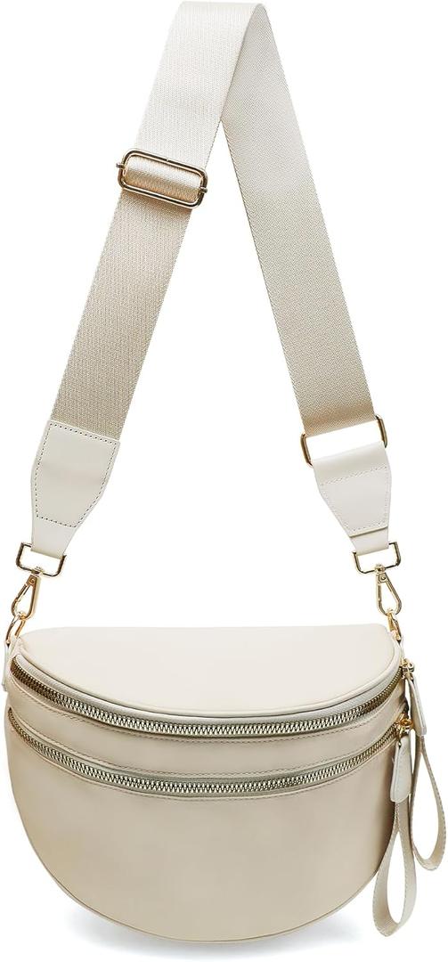 Pure Colour Crossbody Bum Bags for Women Spacious Checkered Cross body Bag Nylon Trendy Fanny Pack for Travel (Beige)