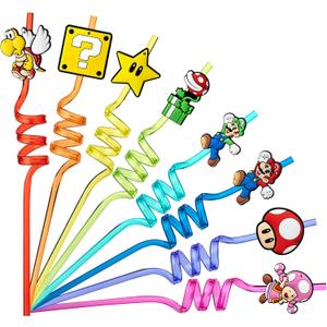 24Pcs Birthday Party Supplies Reusable Drinking Straws,8 Designs Party Favors with 2 Cleaning Brushes,Best for Your Kids Party