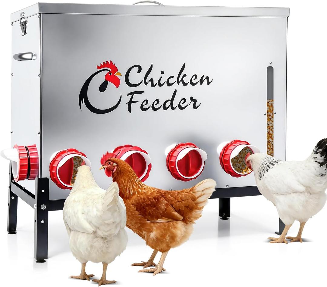 120LB Metal Chicken Feeder, Rat Proof Automatic Large Chicken Feeder with Visible Window & 10 Ports, Galvanized No Waste Poultry Feeder for Chickens, Ducks, Geese