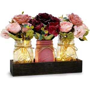 Mason Jar Centerpiece Table Decor for Dining Room Farmhouse Coffee Table Decor with Wood Tray Fairy Lights Fake Flowers for Valentine's Day Kitchen Living Dining Room - Burgundy Pink, 11 inches