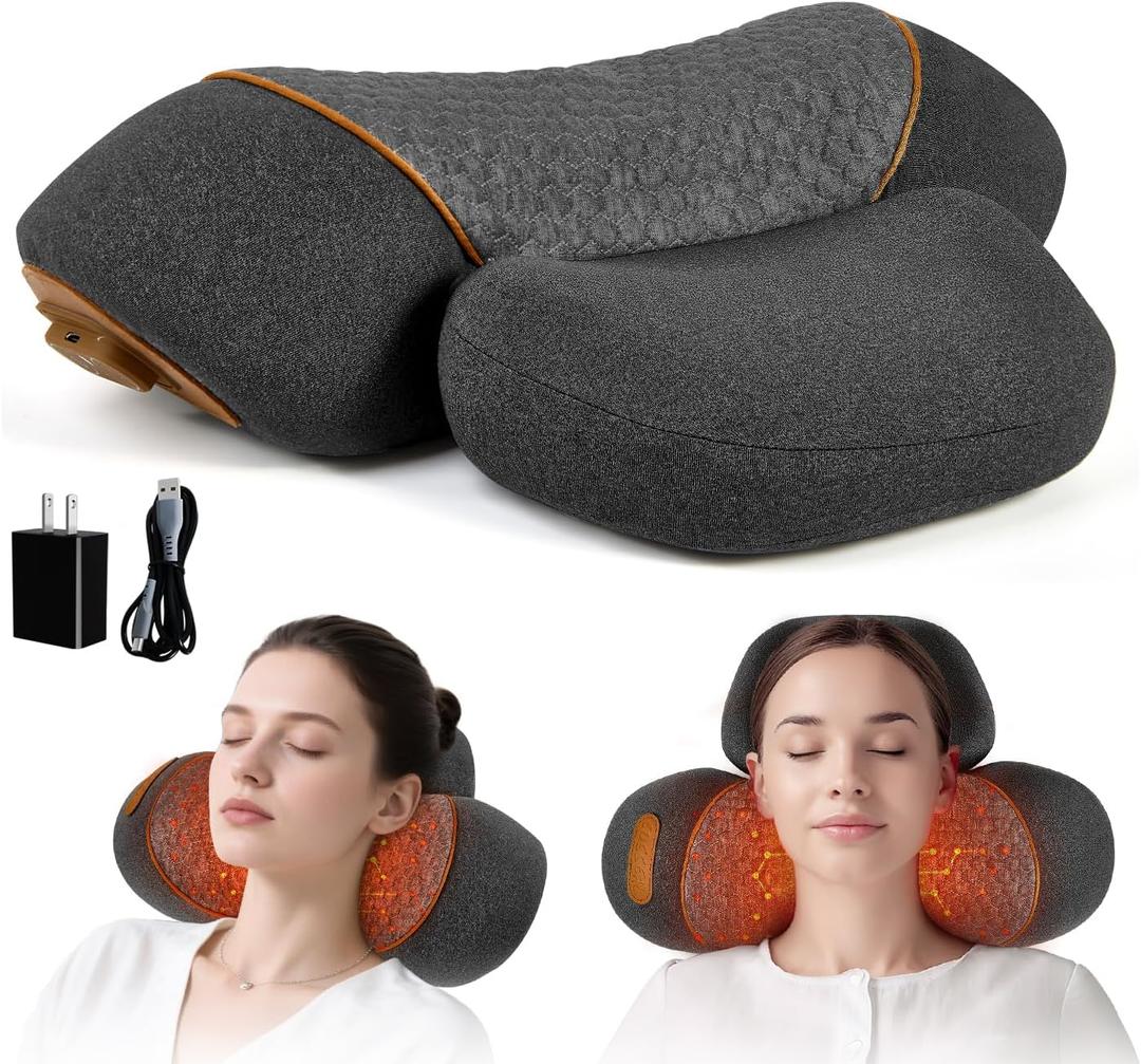 3-in-1 Rechargeable Neck Massager Pillow with Heat, Vibration & Traction, Deep Tissue Pain Relief, Neck Hump Corrector & Cervical Support for Home Office Travel (Dark Gray)