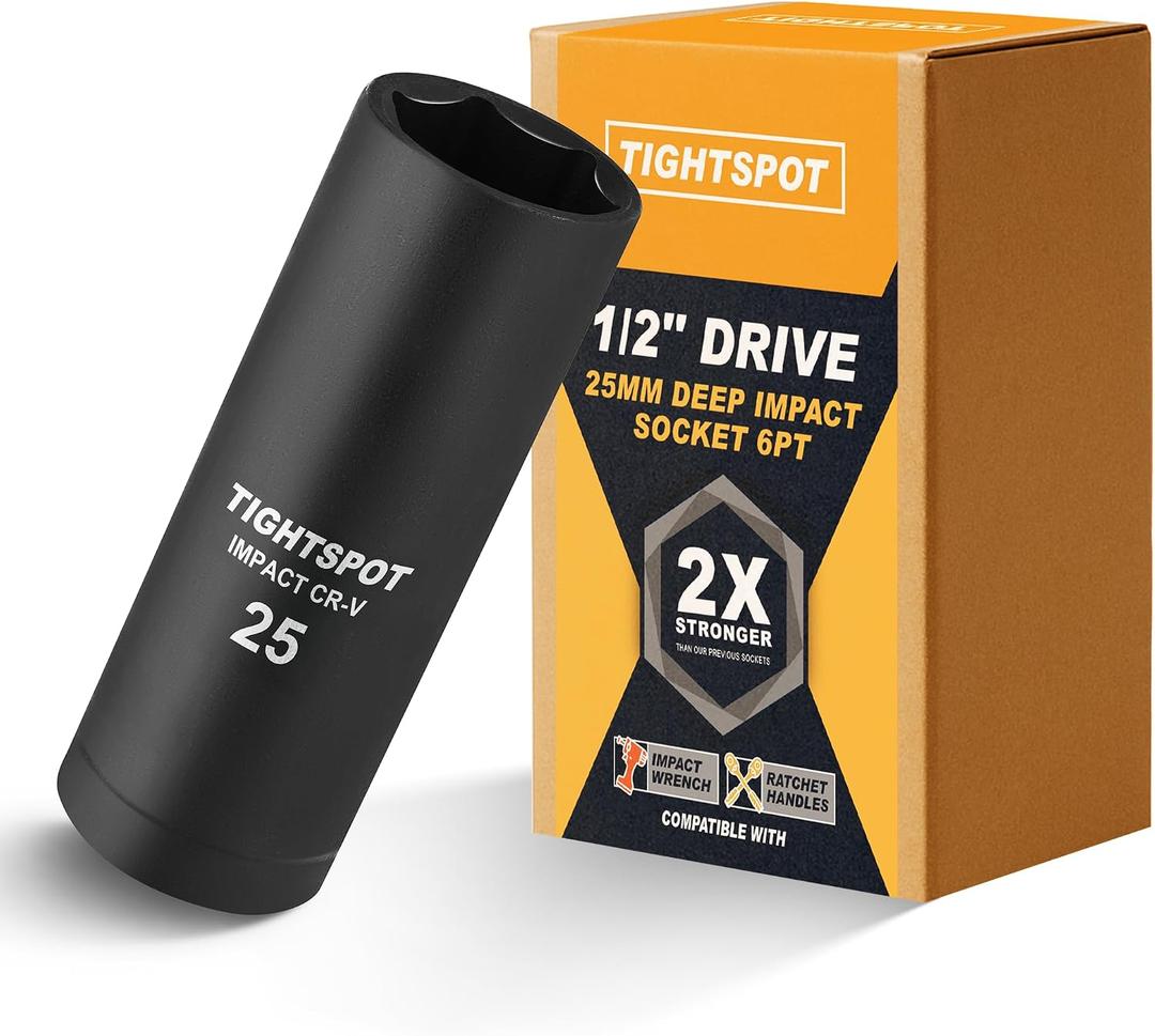 TIGHTSPOT 1/2 Inch Drive 25 mm Deep Impact Socket with Anti-Rounding 6 Point Design, Heat-Treated CRV Steel