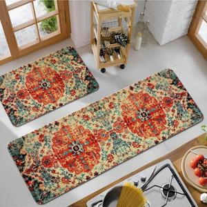 Boho Style Kitchen Mats for Floor Set of 2 Pieces Bohemian Floral Medallion Country Vintage Kitchen Rugs and Mats Non Skid Washable Kitchen Floor Mat(17" Wx30 L+17" Wx 47" L)