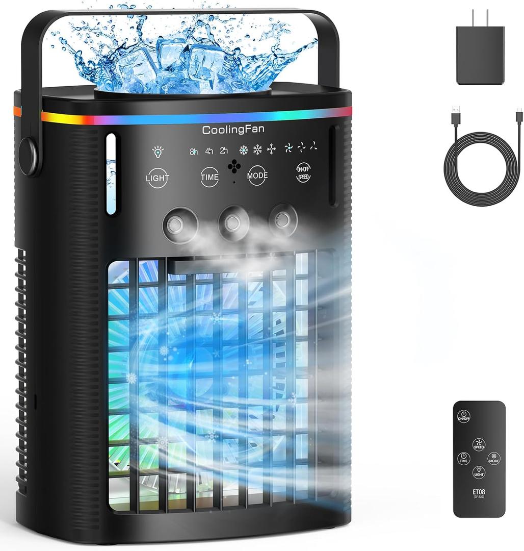 Portable Air Conditioners, Mini Air Conditioner Portable with Remote, 3 Speeds & 3 Mist, 2-8H Timer & 7 Light Evaporative Air Cooler, Personal Cooling Air Conditioner Fan for Bedroom Office Desk