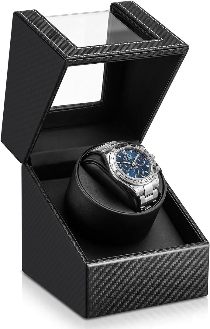 Single Watch Winder, Automatic Watch Winder Box with Japanese Quiet Motor USB-C, Anti-Magnetic Watch Case in Black Carbon Fiber Leather, Gift for Men Collectors Lovers