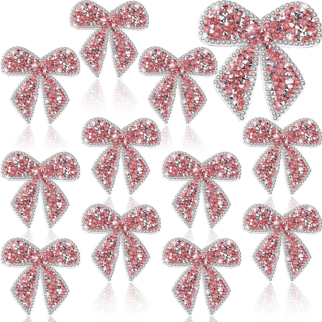 Daifunli 12 Pieces Bow Knot Rhinestone Patches Sparkling Crystal Appliques Iron Sew on for Jeans Jackets Bags Backpacks Hats Shoes Clothes Decorations Crafts(Pink)